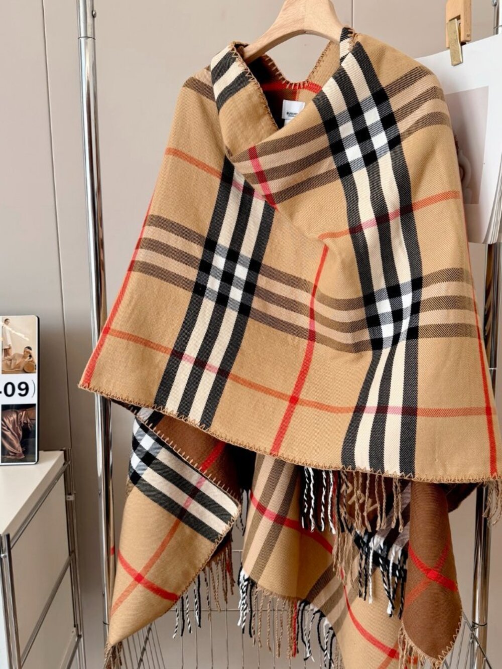 Burberry Nova Check Plaid Fringe Scarf Camel Tan Red Black - Picture 7 of 7